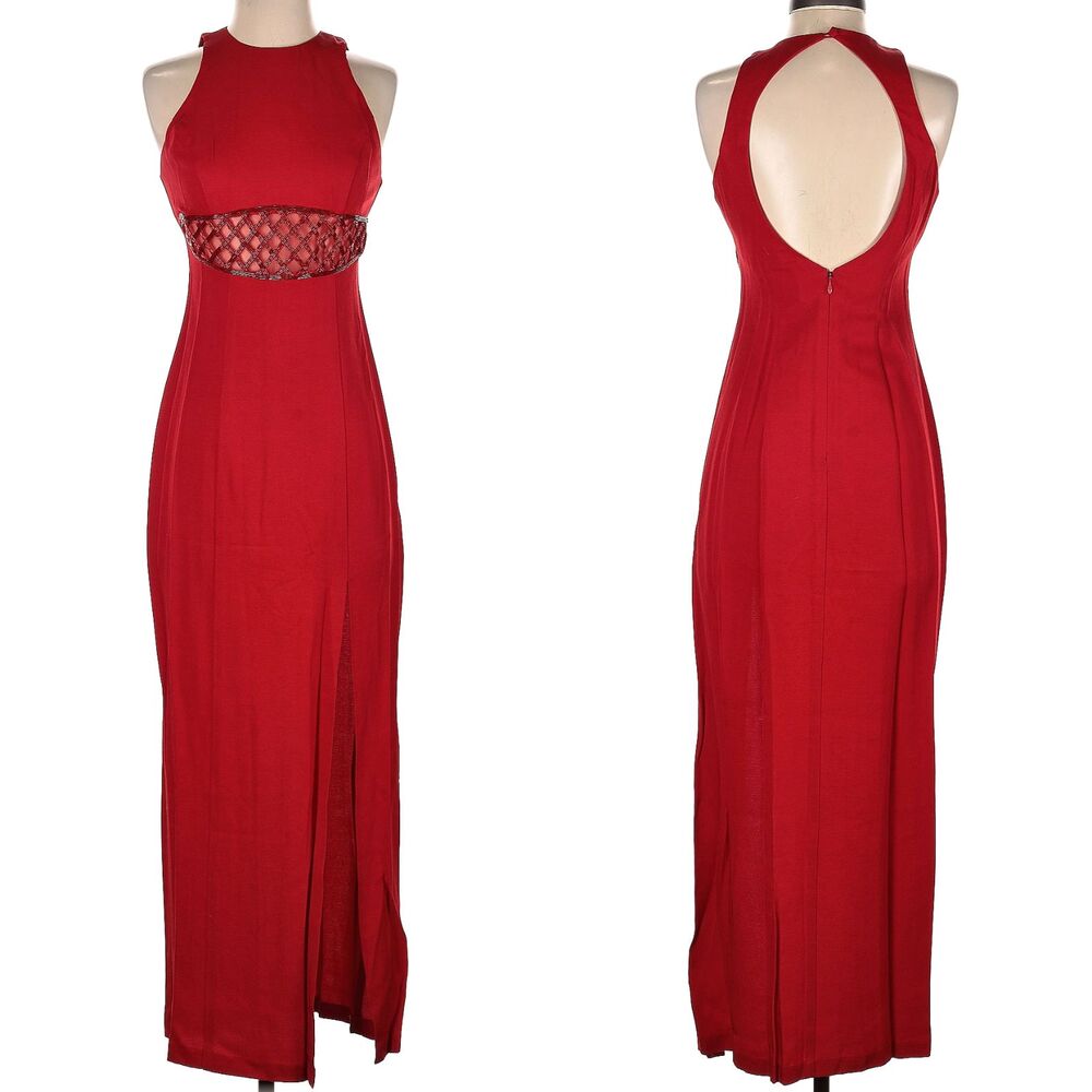Vintage 1990s Faviana Prom Gown Red Maxi Dress Beaded Siren Pageant Size 3